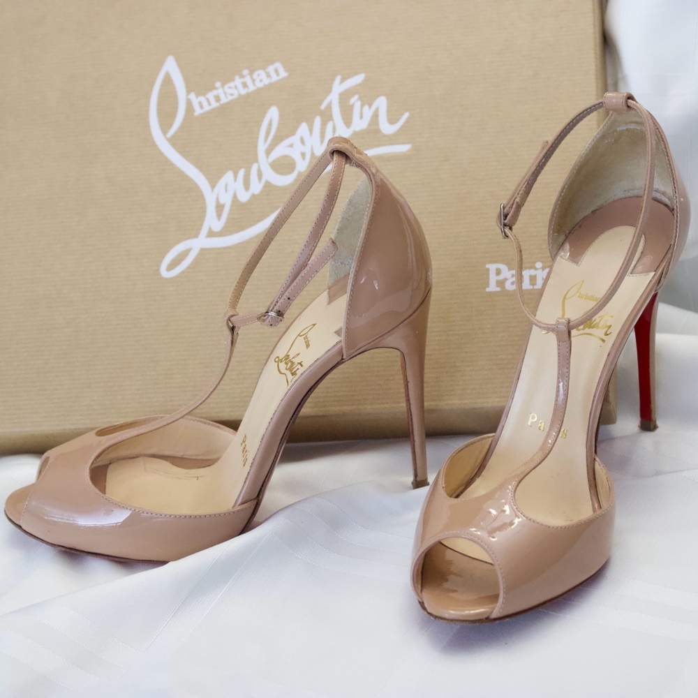 Christian Louboutin patent leather nude heels with t strap